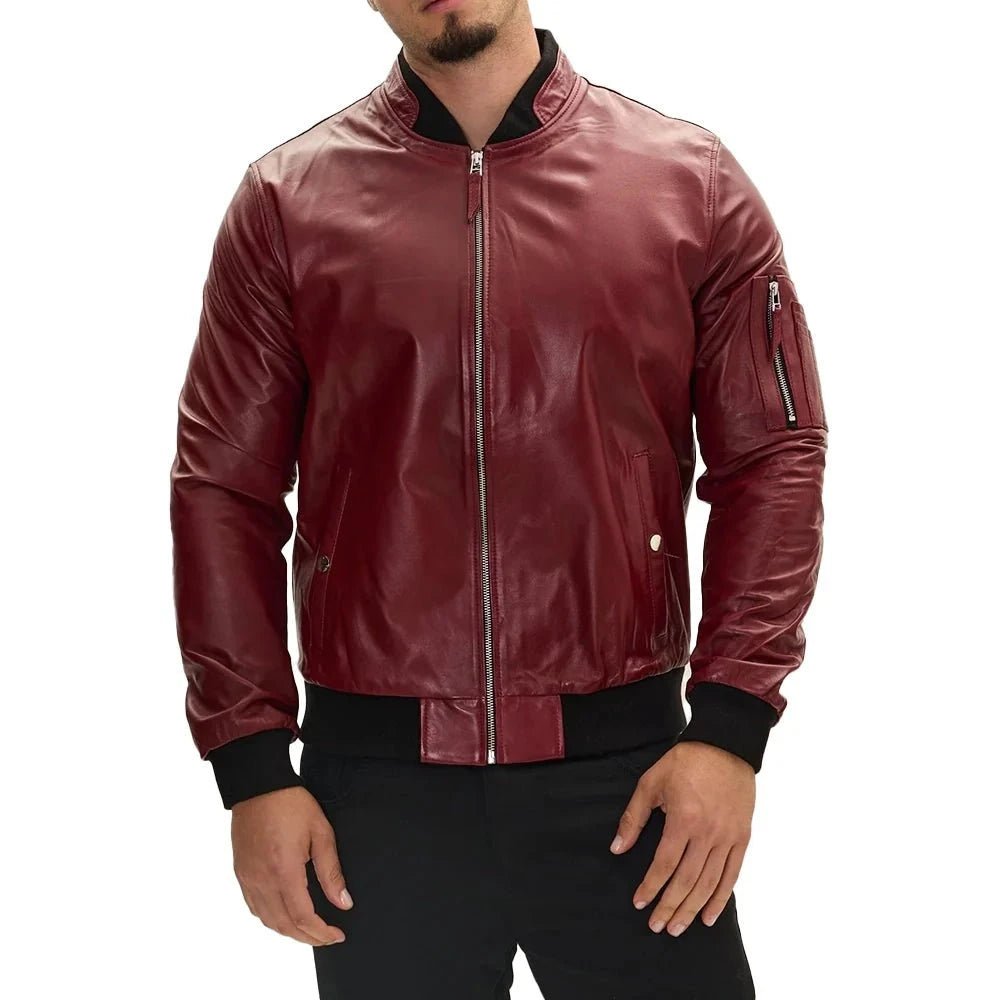 genuine-leather-bomber-jacket Men's Bomber Red Leather Jacket - Image 1