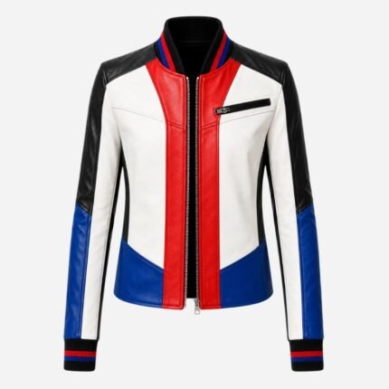 Gigi Hadid jacket laid flat, front view showing the color-block panels.