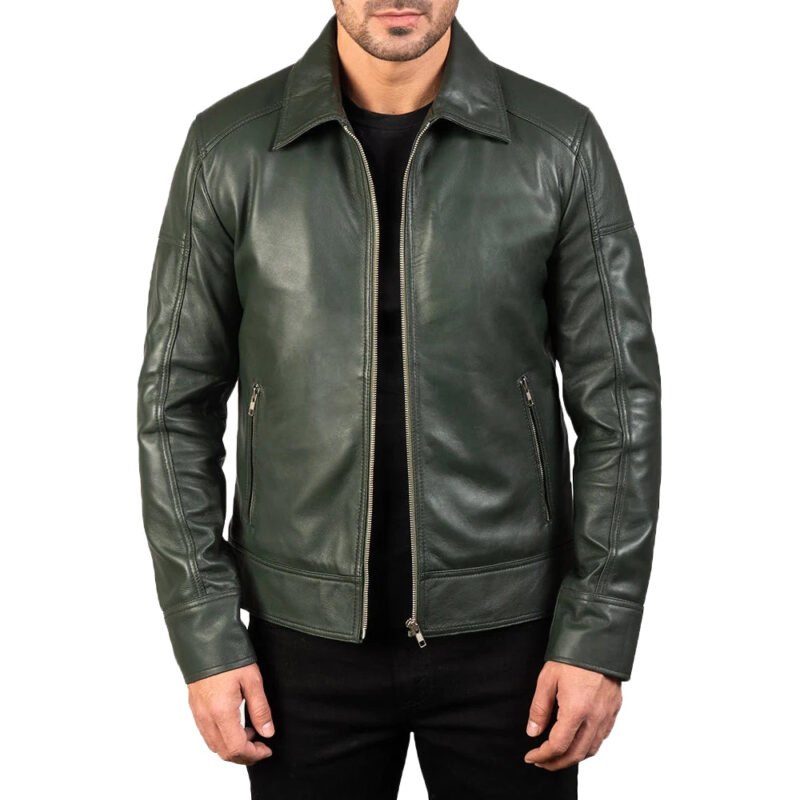Men’s green leather biker jacket front view