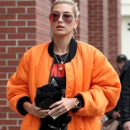 Hailey Baldwin in orange oversized jacket