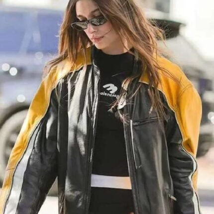 Hailey Bieber black and yellow moto jacket, front view