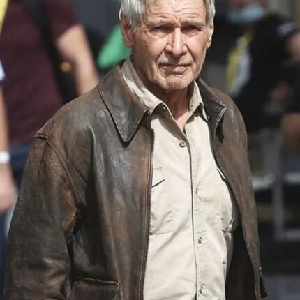 Brown leather adventure jacket with wide collar and front pockets
