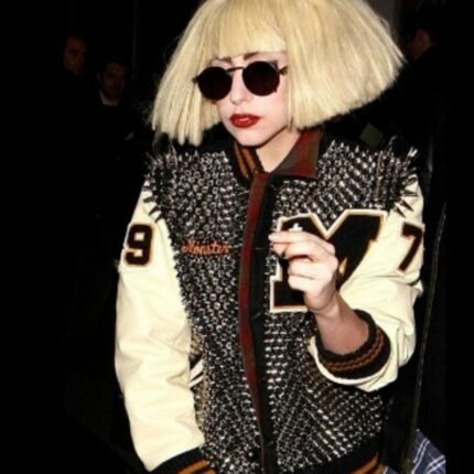 Lady Gaga studded varsity jacket, front view