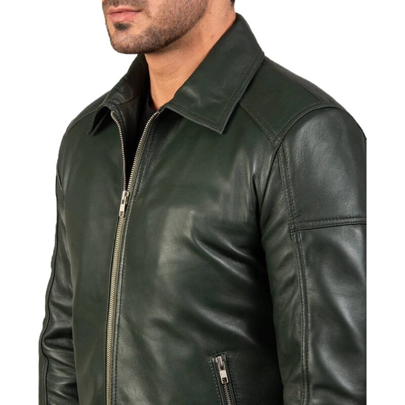 Men’s green leather biker jacket collar and zipper detail