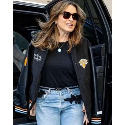Mariska Hargitay New York Knicks jacket worn in a casual outfit