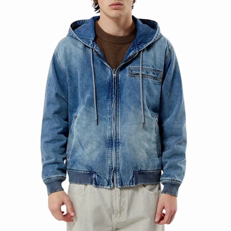 mens-blue-denim-hooded-jean-jacket Men's Blue Denim Hooded Jean Jacket - Image 1