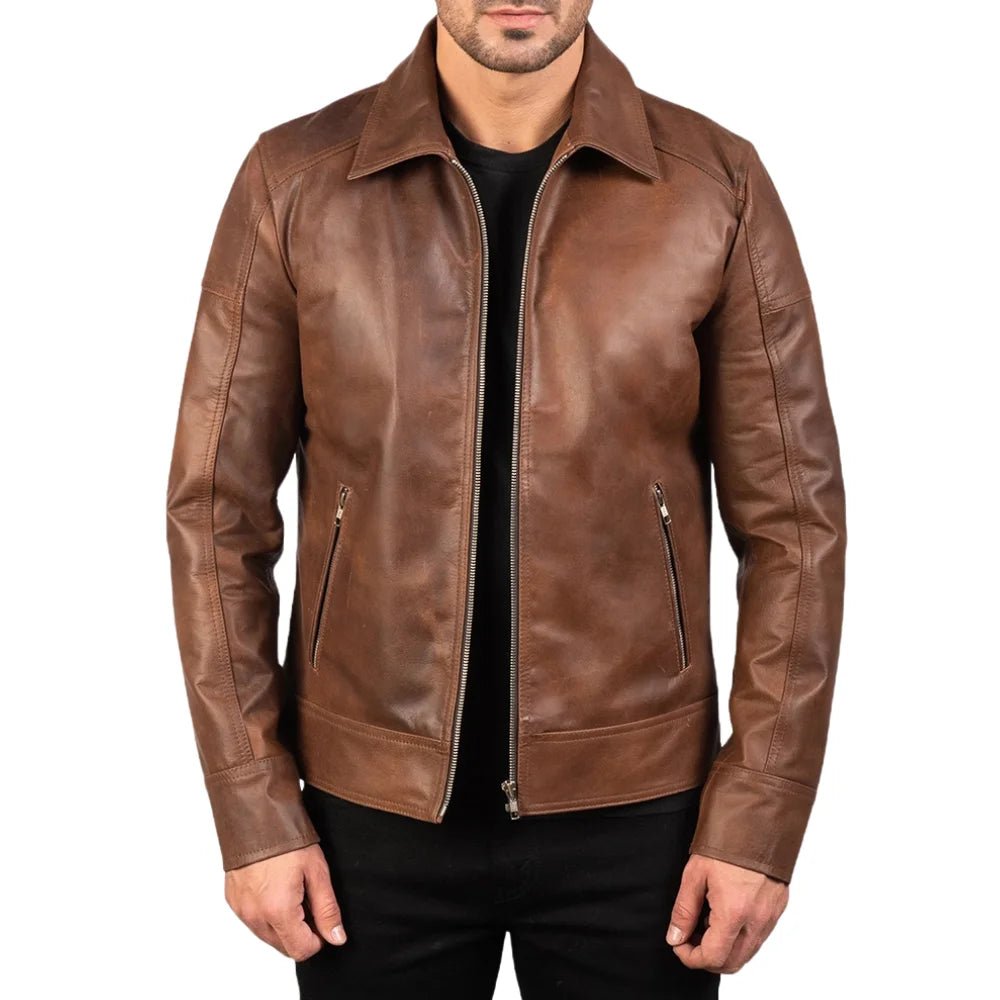 mens-brown-shirt-collar-leather-jacket Reeves Men’s Brown Shirt Collar Leather Biker Jacket - Image 1