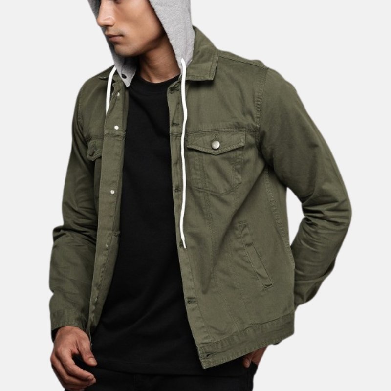 mens-green-denim-jacket-with-hood Mens Green Denim Jacket With Removable Hood - Image 1