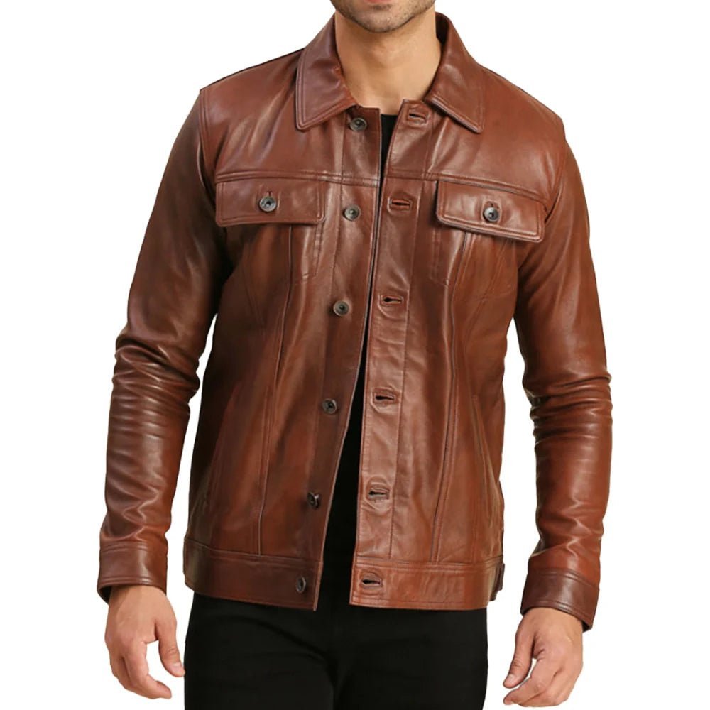 mens-leather-brown-moto-jacket Mens Trucker Real Leather Brown Moto Jacket - Image 1