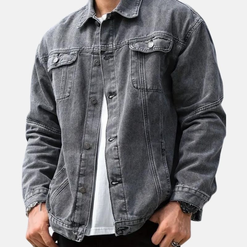mens-vintage-button-up-faded-grey-denim-jacket Men’s Vintage Button-up Faded Grey Denim Jacket - Image 1