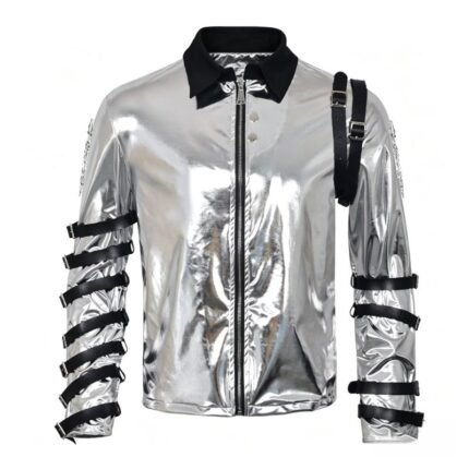Silver satin jacket with black collar and adjustable sleeve straps front view