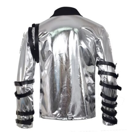 Silver satin jacket with black collar and sleeve straps back view