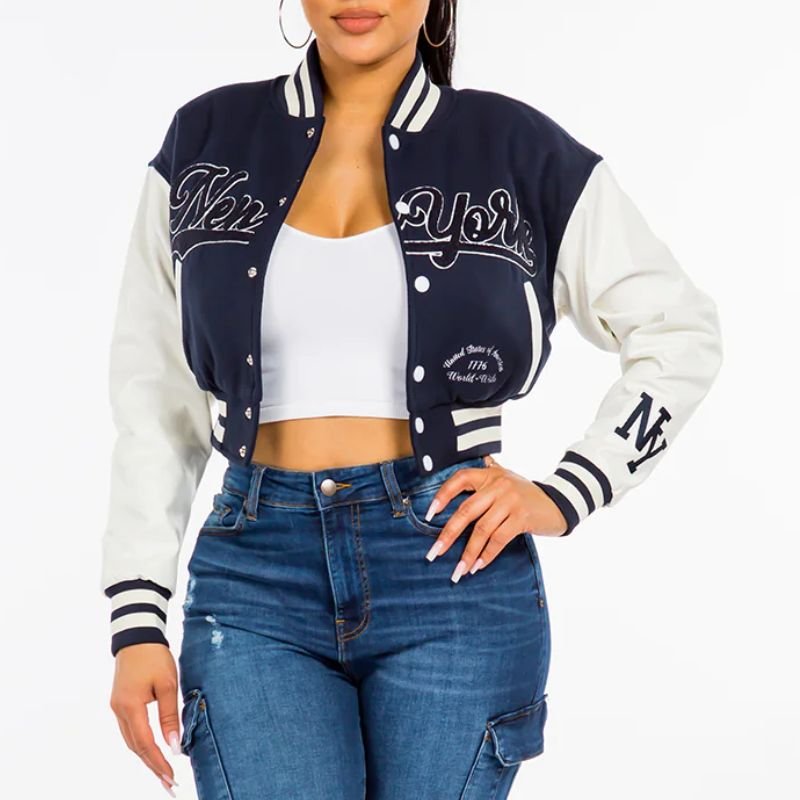 new-york-cropped-blue-and-pink-varsity-jacket-womens Women's New York Cropped Blue And Pink Varsity Jacket - Image 1