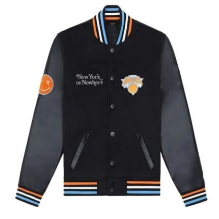 Black Mariska Hargitay Knicks varsity jacket front with patches and snap buttons