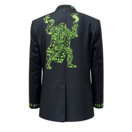 Back view of Robert Downey Jr. Avengers Doomsday Comic-Con 2026 black blazer with green graphic artwork.