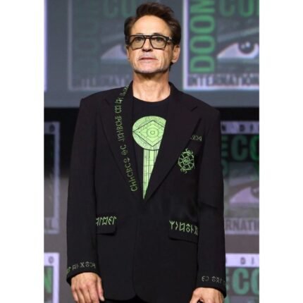 Robert Downey Jr. Avengers Doomsday Comic-Con 2026 Black Blazer with green Latverian rune embroidery on the lapel, pockets, and sleeves.