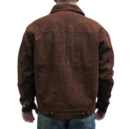 Back view of brown suede jacket with full-length sleeves and straight hem