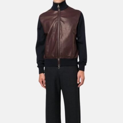 Front view of maroon turtle neck bomber jacket for men