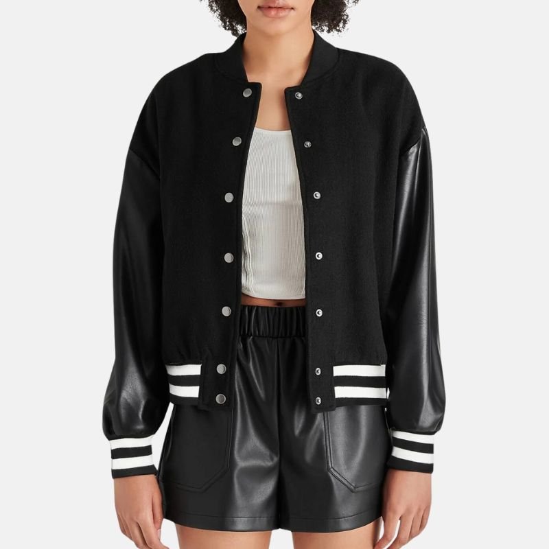 womens-black-lettermen-jacket-with-leather-sleeves Women’s Black Lettermen Bomber Jacket With Leather Sleeves - Image 1