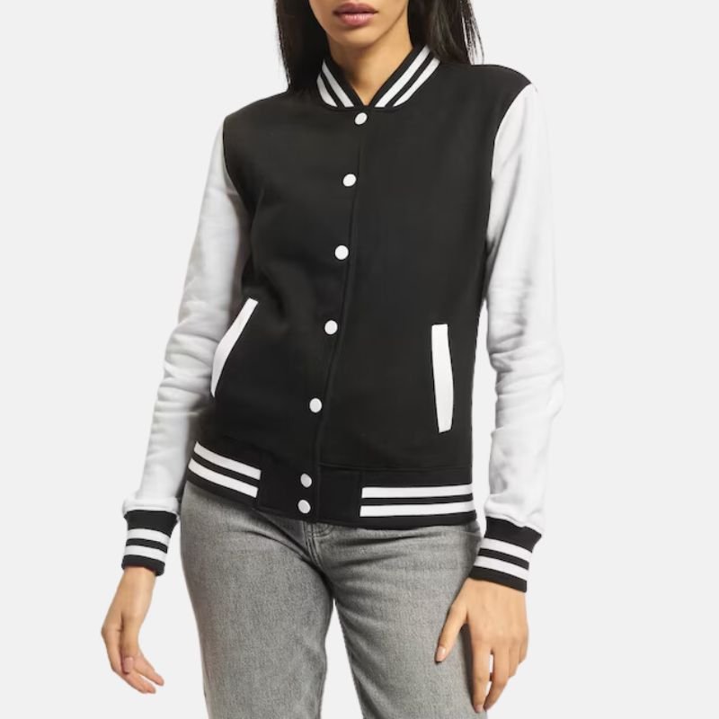 womens-black-varsity-jacket Black And White Varsity Fleece Jacket For Women - Image 1