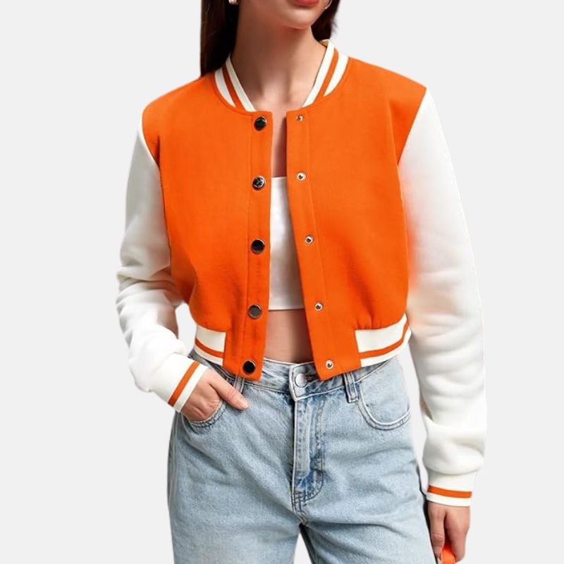 womens-cropped-orange-varsity-jacket Cropped Wool Orange Varsity Jacket For Women - Image 1