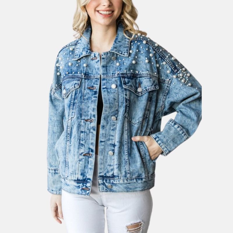 womens-denim-blue-perl-cotton-jean-jacket Women’s Denim Blue Perl Cotton Jean Jacket - Image 1