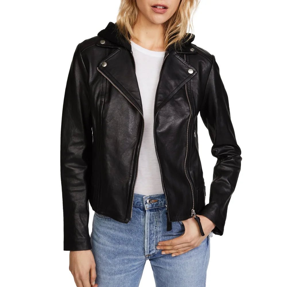 womens-hooded-black-biker-leater-jacket Billie Black Women's Real Leather Biker Jacket with Hood - Image 1