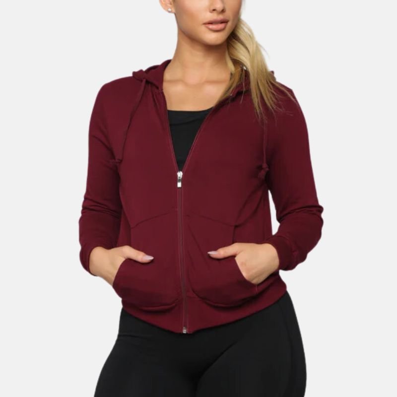 womens-maroon-zip-up-hooded-jacket Women’s Maroon Zip-up Hooded Jacket - Image 1