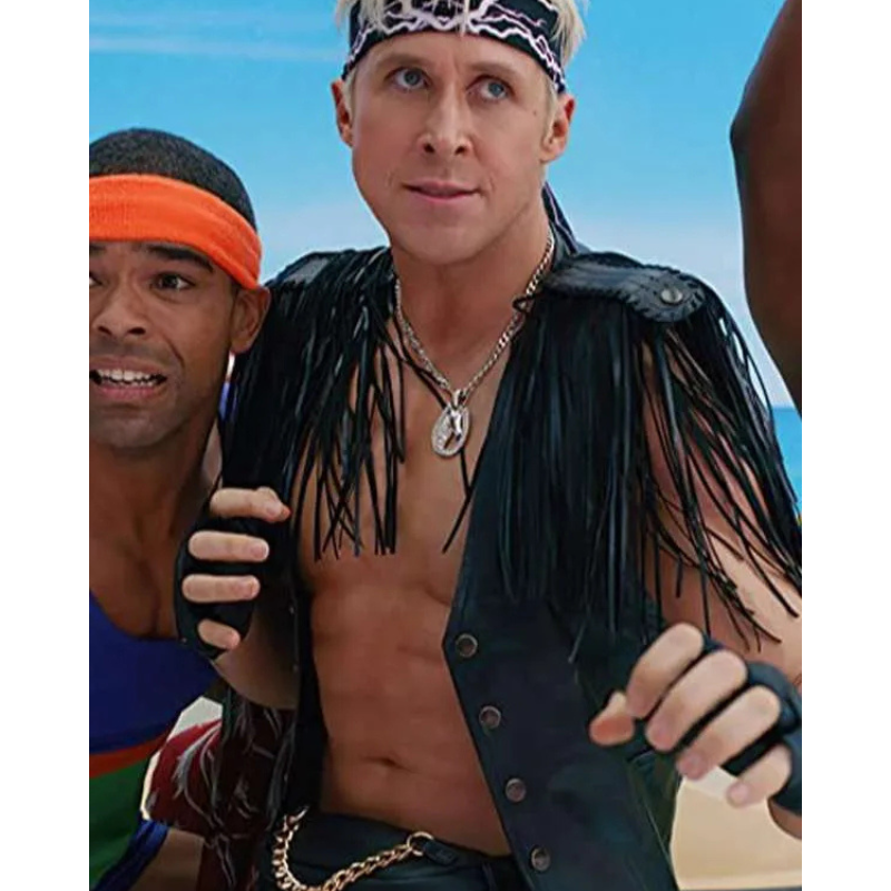 Barbie-2023-Ryan-Gosling-Leather-Vest Barbie Ryan Gosling Black Fringe Vest - Image 1
