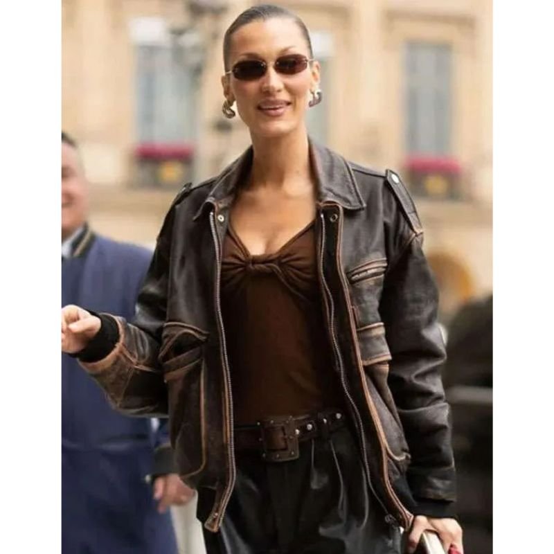 Bella-Hadid-Distressed-Brown-Bomber-Leather-Jacket Bella Hadid 2025 Brown Leather Jacket - Image 1