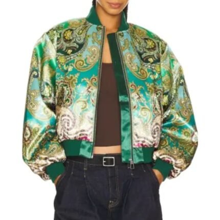 Brooklynn Pitts Jacket green satin paisley print front view