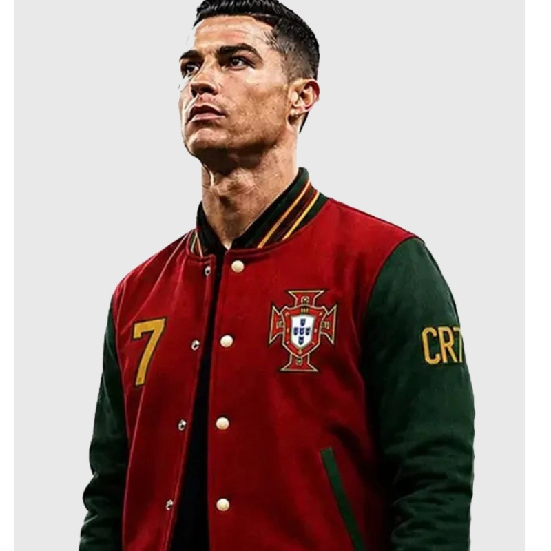 CR7-Cristiano-Ronaldo-Portugal-Red-and-Green-Varsity-Jacket Ronaldo Portugal Varsity Jacket - Image 1