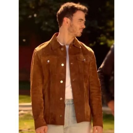Kevin Jonas in a brown suede trucker jacket from the Camp Rock 3 trailer