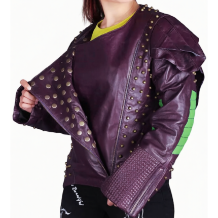 Mal Descendants purple leather jacket with stud detailing and asymmetrical zipper