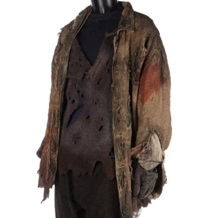 Side view of distressed brown Freddy vs Jason burlap costume jacket