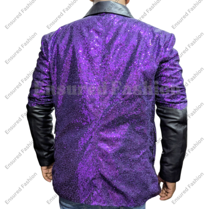 Model wearing Papa Emeritus purple sequin jacket back view