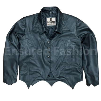 Papa V black real leather jacket front view with toggle closure