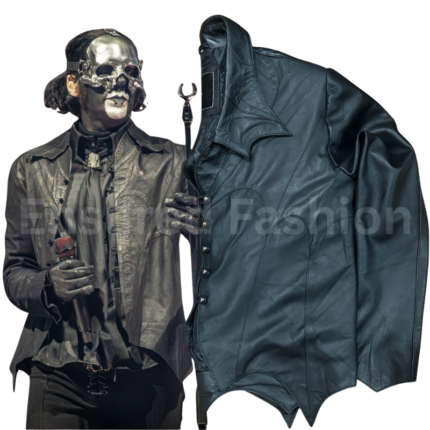 Papa Emeritus standing beside the Papa V black leather jacket front view