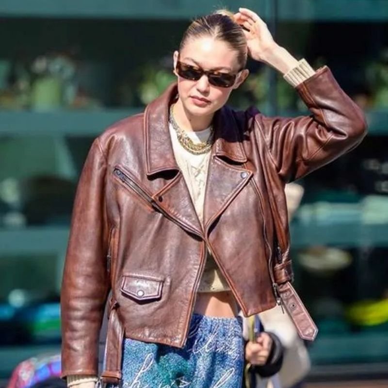 Gigi-Hadid-NYC-Street-Style-Brown-Biker-Leather-Jacket Gigi Hadid NYC Brown Leather Jacket - Image 1