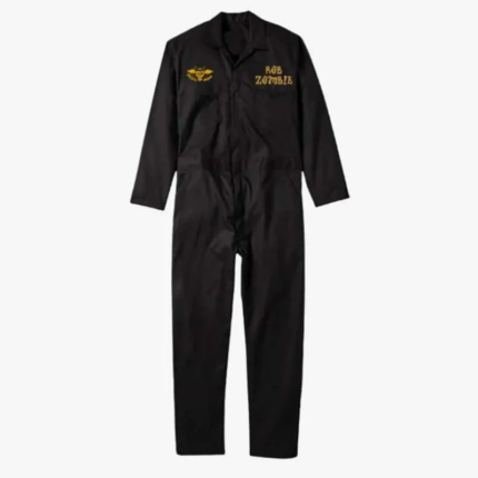 Halloween Zombie Black Jumpsuit front view with shirt collar, zipper closure, full-length sleeves, and chest graphics
