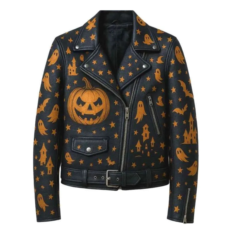 Halloween-Ghost-Pumpkin-Print-Black-Biker-Leather-Jacket Halloween Ghost & Pumpkin Black Leather Jacket - Image 1