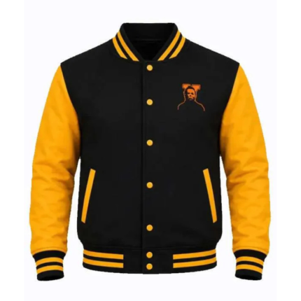 Michael Myers Haddonfield Jacket in black wool with yellow leather sleeves, ribbed collar, buttoned front, and small character graphic