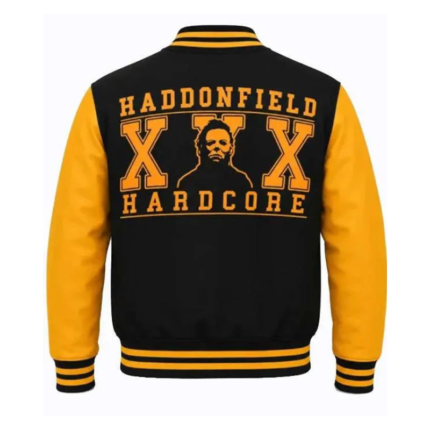 Michael Myers Haddonfield Jacket back view with yellow leather sleeves and bold Haddonfield graphic
