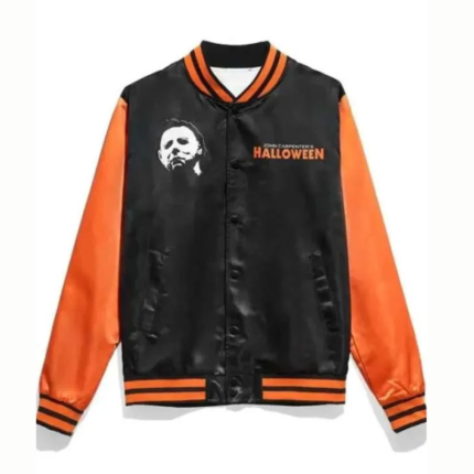 Michael Myers Halloween varsity jacket front view in black and orange satin with button closure and ribbed collar.