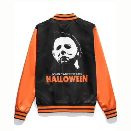 Michael Myers Halloween varsity jacket back view in black and orange with a large horror graphic and ribbed cuffs.