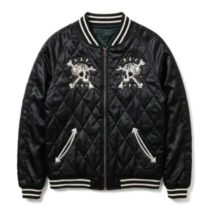 Skull and Crossbones Jacket front view in black quilted polyester with skull graphics, ribbed collar, zipper closure, and front pockets