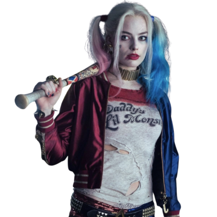 Harley Quinn wearing red and blue satin jacket front view