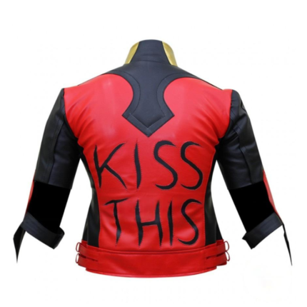 Harley Quinn Gods Among Us jacket back view with red panel, black sleeves, and large Kiss This lettering.