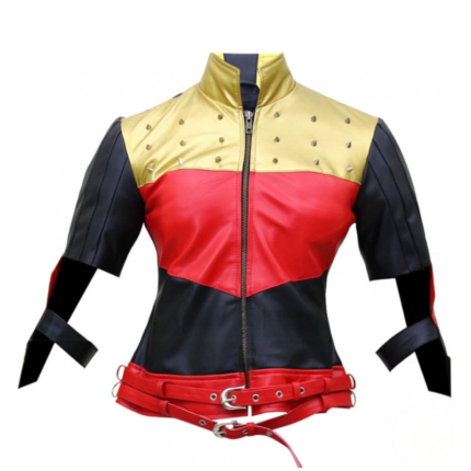 Harley Quinn Gods Among Us costume jacket front view with gold studs, red panels, black sleeves, and multiple waist belts.