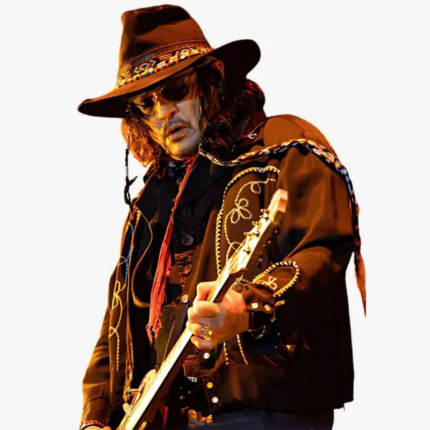 Johnny Depp inspired black Hollywood Vampires jacket worn with a guitar